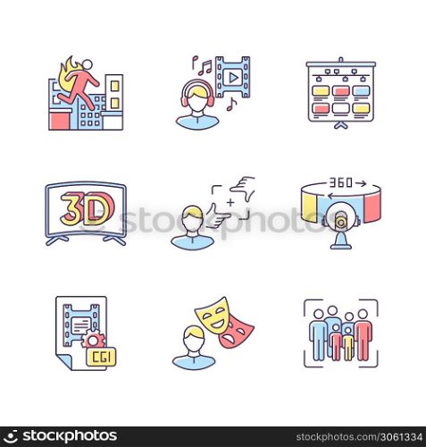 Film making RGB color icons set. Visual development for movie. Special effect for cinematography and animation. Theater actor. 3D television. Stuntman for film. Isolated vector illustrations. Film making RGB color icons set