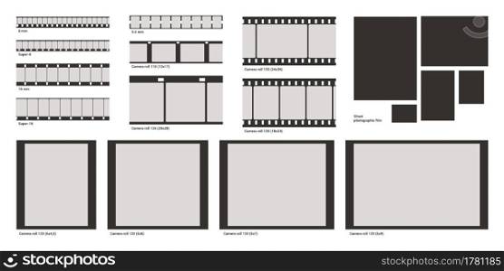 Film photo frame. Negative photography strip. Vintage movie and video square border template. Retro cinema filmstrip. Black and white blank camera roll tapes set. Vector cinematography reel mockup. Film photo frame. Negative photography strip. Vintage movie and video border template. Retro cinema filmstrip. Black and white blank camera roll tapes set. Vector cinematography reel