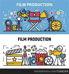 Film production banner set. Outline set of film production vector banner for web design. Film production banner set, outline style