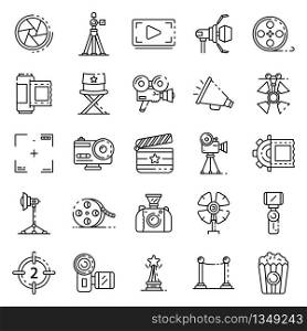 Film production icons set. Outline set of film production vector icons for web design isolated on white background. Film production icons set, outline style