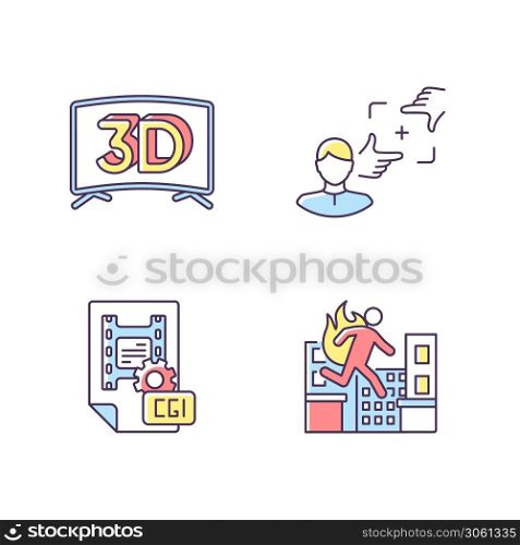 Film production RGB color icons set. 3D television. CGI for animation. Professional stuntman. Special effects for film visual development. Director of photography. Isolated vector illustrations. Film production RGB color icons set
