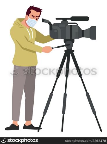 Film production semi flat RGB color vector illustration. Standing figure. Preventative measures. Cameraman. Camera operator wearing face mask isolated cartoon character on white background. Film production semi flat RGB color vector illustration