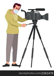 Film production semi flat RGB color vector illustration. Standing figure. Preventative measures. Cameraman. Camera operator wearing face mask isolated cartoon character on white background. Film production semi flat RGB color vector illustration