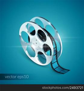 Film reel realistic 3d isolated icon on blue background vector illustration