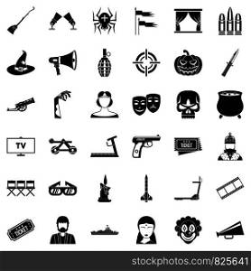 Film screen icons set. Simple style of 36 film screen vector icons for web isolated on white background. Film screen icons set, simle style