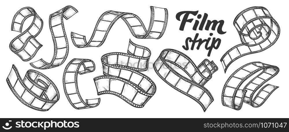 Film Strip For Camera Or Projector Ink Set Vector. Collection Of Blank Old Film Reel Ribbon In Spiral Curl And Twisted. Engraving Template Hand Drawn In Vintage Style Black And White Illustrations. Film Strip For Camera Or Projector Ink Set Vector