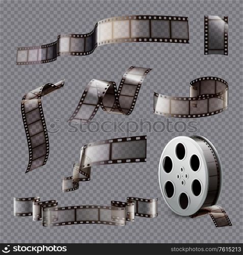 Film stripes reels realistic transparent set with isolated shapes of reel and bobbin on transparent background vector illustration