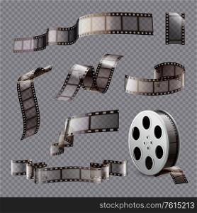 Film stripes reels realistic transparent set with isolated shapes of reel and bobbin on transparent background vector illustration