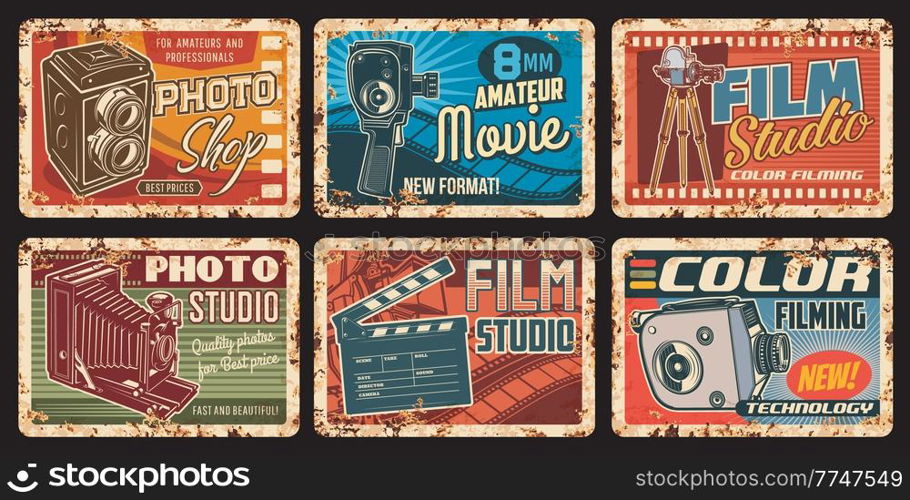 Film studio rusty metal plates, movie retro vector posters with vintage photo and video camera, film reel and clapper. Cinema, cinematography entertainment industry ferruginous cards, old camcorders. Film studio rusty metal plates, vector posters set