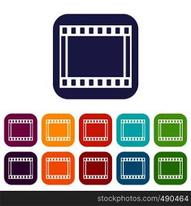 Film with frames movie icons set vector illustration in flat style in colors red, blue, green, and other. Film with frames movie icons set