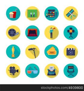 Filmaking Attributes Flat Round Icons Collection . Filmmaking and movie release attributes flat round icons collection with film bobbin and tickets isolated vector illustration