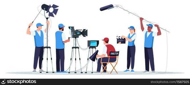 Filming crew semi flat RGB color vector illustration. Director watching on screen. Cameraman with equipment. Sound technicians. Movie creation team isolated cartoon character on white background. Filming crew semi flat RGB color vector illustration