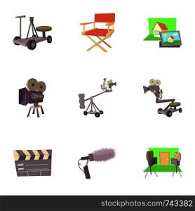 Filming icons set. Cartoon set of 9 filming vector icons for web isolated on white background. Filming icons set, cartoon style