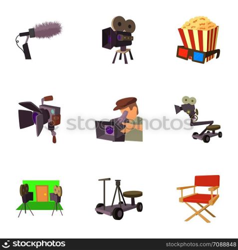 Filming location icons set. Cartoon set of 9 filming location vector icons for web isolated on white background. Filming location icons set, cartoon style