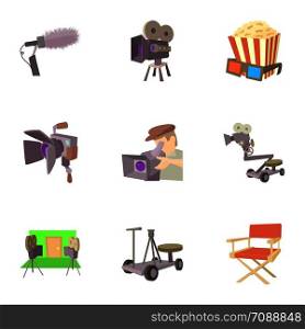 Filming location icons set. Cartoon set of 9 filming location vector icons for web isolated on white background. Filming location icons set, cartoon style