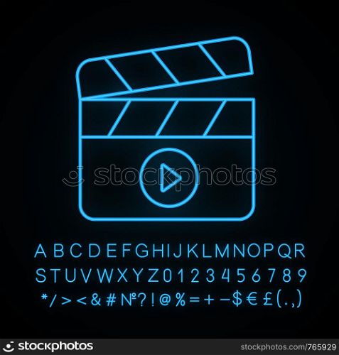 Filming neon light icon. Film industry. Clapperboard. Time code slate. Video production. Cinematography. Glowing sign with alphabet, numbers and symbols. Vector isolated illustration. Filming neon light icon
