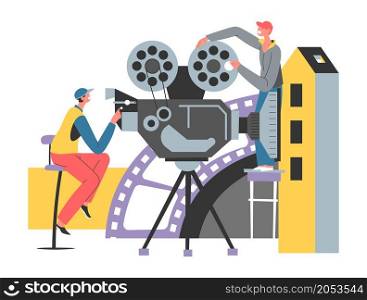Filmmaking and cinematography, guys team of specialists working on film. Production and editing. People with equipment and camera roll on stage shooting scene. Vector in flat style illustration. Cinematography and filmmaking in studio vector