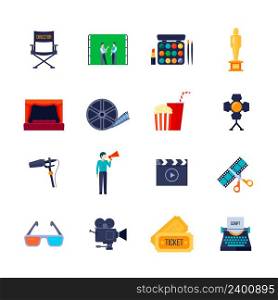Filmmaking and movie watching attributes flat icons collection with camera film bobbin and 3d glasses isolated vector illustration . Filmaking Attributes Flat Icons Collection