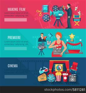 Filmmaking Banners Set. Filmmaking and premiere horizontal banners set with cinema tickets cameras and awards flat isolated vector illustration