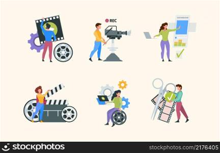 Filmmaking characters. People shooting photo videography production filming media content video advertisment garish vector illustrations in flat style. Cameraman and cinematography, filmmaking movie. Filmmaking characters. People shooting photo videography production filming media content video tv advertisment garish vector illustrations in flat style