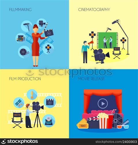 Filmmaking concept 4 flat icons square with movie director with loudspeaker and cameraman abstract isolated vector illustration . Filmmaking Concept 4 Icons Square