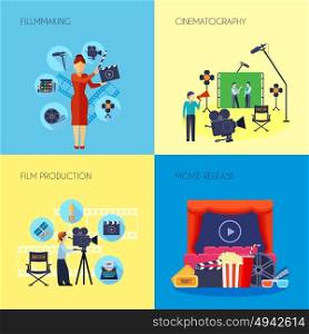 Filmmaking Concept 4 Icons Square . Filmmaking concept 4 flat icons square with movie director with loudspeaker and cameraman abstract isolated vector illustration