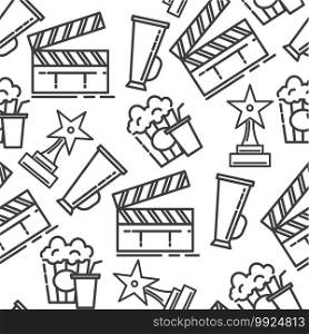 Filmmaking industry colorless seamless pattern. Cinema industry and related objects, clapper board and award in shape of star. Popcorn snack and soda, megaphone of director vector in flat style. Cinema industry, clapperboard with popcorn and megaphone with award