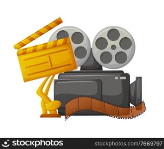 Filmmaking industry equipment and award vector, golden prize for best film movie presentation ,cinematic art. Camera with reward symbolic clapperboard. Camera with Bobbin and Award for Best Film Vector