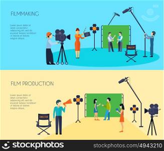 Filmmaking Process 2 Flat Horizontal Banners . Filmmaking movie scene shooting 2 flat horizontal banners set with director cameraman and assistant isolated vector illustration