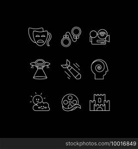 Filmmaking white linear icons set for dark theme. Movie genres, film categories. Cinema production. Night mode customizable thin line symbols. Isolated vector outline illustrations. Editable stroke. Filmmaking white linear icons set for dark theme