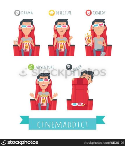 Films genres. Man in 3d stereo glasses seating in cinema with popcorn, watching movie isolated flat vector set. Cinema spectator film live reaction. Drama, detective, comedy, adventure, horror concept. Web. Web