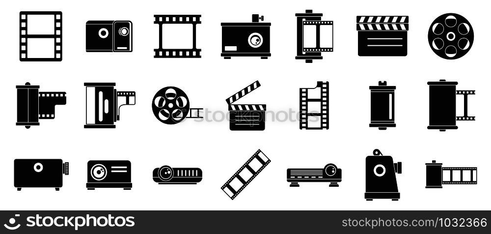 Filmstrip camera icons set. Simple set of filmstrip camera vector icons for web design on white background. Filmstrip camera icons set, simple style