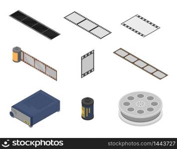 Filmstrip icons set. Isometric set of filmstrip vector icons for web design isolated on white background. Filmstrip icons set, isometric style