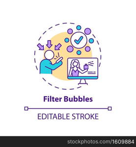 Filter bubbles concept icon. Social media and journalism challenge idea thin line illustration. Isolating users from differing viewpoints. Vector isolated outline RGB color drawing. Editable stroke. Filter bubbles concept icon