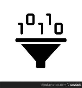 Filter for data mining black glyph icon. Binary code and funnel. Analyze technology for data processing. Sort virtual information. Silhouette symbol on white space. Vector isolated illustration. Filter for data mining black glyph icon