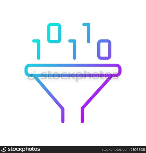 Filter for data mining gradient linear vector icon. Binary code and funnel. Analyze technology for data processing. Thin line color symbol. Modern style pictogram. Vector isolated outline drawing. Filter for data mining gradient linear vector icon
