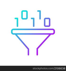 Filter for data mining gradient linear vector icon. Binary code and funnel. Analyze technology for data processing. Thin line color symbol. Modern style pictogram. Vector isolated outline drawing. Filter for data mining gradient linear vector icon