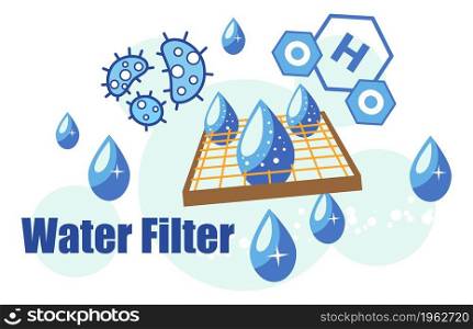 Filter for water, cleaning and purification of h2o. System for getting clear liquid and beverages from tap, home or industrial station for staying healthy. Environment care. Vector in flat style. Water filter purification and cleaning of liquid