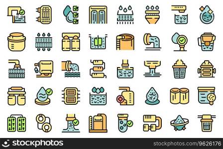 Filter for water purification icons set outline vector. Treatment tank. Sewage pipe thin line color flat on white isolated. Filter for water purification icons set vector line color