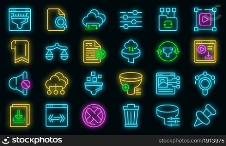 Filter search icons set. Outline set of filter search vector icons neon color on black. Filter search icons set vector neon