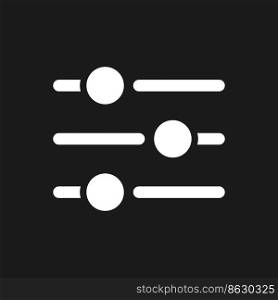 Filters button pixel dark mode glyph ui icon. Adjustment possibilities. User interface design. White silhouette symbol on black space. Solid pictogram for web, mobile. Vector isolated illustration. Filters button pixel dark mode glyph ui icon