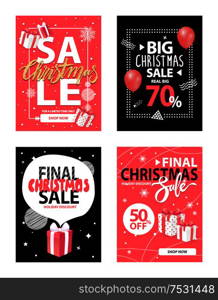 Final Christmas sale and discounts off price vector. Exclusive deal, shops offers to customers and shoppers. Reduction sellout of stores, winter sell. Final Christmas Sale and Discounts Off Price Set