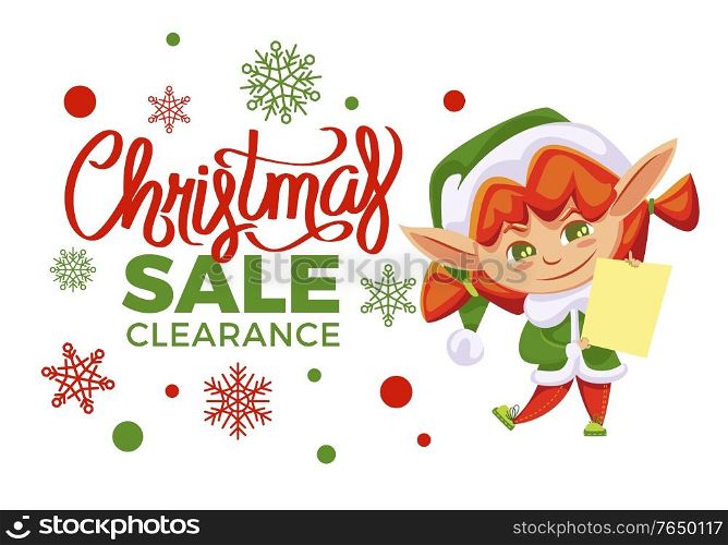 Final christmas sale and winter discount in shops. Little elf girl in green costume holding blank wish list. Santa helper and holiday clearance. Designed promotion with dwarf vector illustration. Christmas Sale Clearance, Holiday Off, Elf Girl