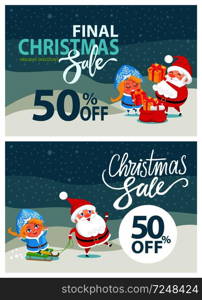 Final Christmas sale banner with Santa Claus and happy Snow maiden giving presents and riding on sleigh on winter landscape background at midnight. Final Christmas Sale Bbanner Santa Claus Snow Maiden