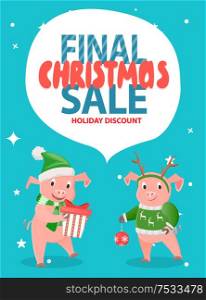 Final Christmas sale holiday discount, pigs on blue with snowflakes wishes. Piglet in warm winter hat, sweater and scarf, gift box and New Year ball. Final Christmas Sale Holiday Discount with Pigs