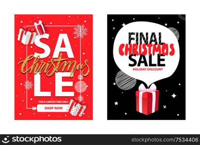 Final Christmas sale, holiday discounts, wrapped gift box on night black sky with stars, snowflakes on red backdrop. Vector total price off leaflet. Final Christmas Sale, Holiday Discount, Gift Box