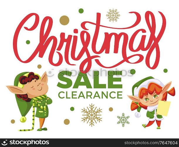 Final christmas sale in stores. Holiday clearance promotion caption on commerce banner. Happy fairy characters among snowflakes, santa claus helpers. Designed xmas inscription. Vector illustration. Christmas Sale and Clearance, Elves with Presents
