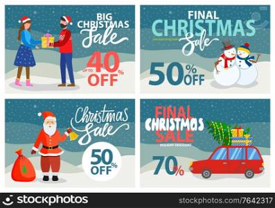Final Christmas sale, set of cards with traditional xmas characters and symbols. Santa Claus with bell, people with gifts, snowman and car with pine and gifts. Proposition for seasonal shopping vector. Final Christmas Sale 50 and 40 Percent Off Set