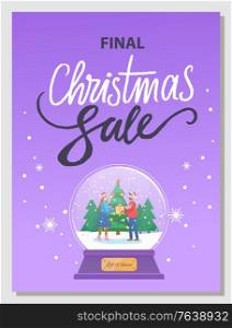 Final christmas sale, snowball with people giving gifts each other. Bauble with snowing weather and traditional present exchanging. New year promotion and discounts for holidays flat style vector. Final Christmas Sale Discounts for Winter Season