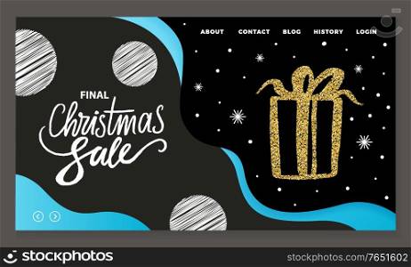 Final Christmas sale webpage with drawing snowflakes and present on black color. Purchase online with clearance price on winter holiday. Website template or app slider flat design style vector. Shopping on Winter Holiday Landing Page Vector